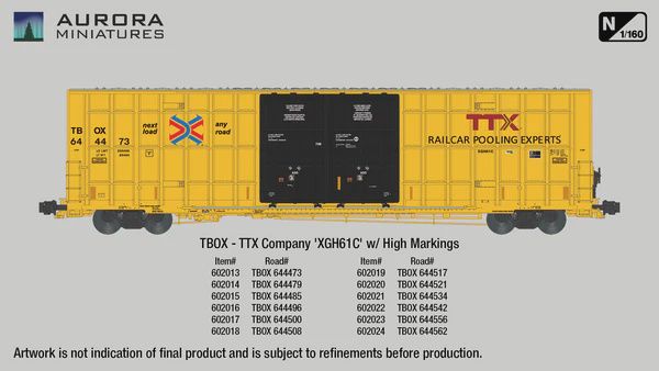 Aurora Miniatures-N Scale Greenbrier 7550 cf 60&#39; Plate F Boxcar - TBOX High Markings, Road Number: 644479