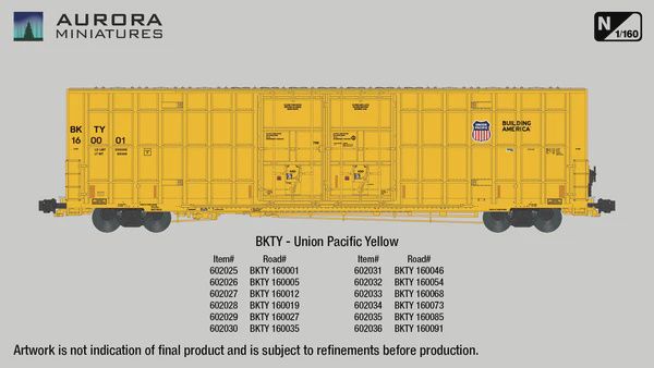 Aurora Miniatures - N Scale Greenbrier 7550 cf 60&#39; Plate F Boxcar - BKTY (UP Yellow), Road Number: 160046