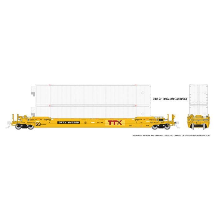 Rapido 401063 - HO 53&#39; Husky-Stack well car + containers: TTX - Patched Logo: 3-Pack