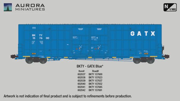 Aurora Minatures N Scale Greenbrier 7550 cf 60&#39; Plate F Boxcar - BKTY (GATX Blue), Road Number: 157623