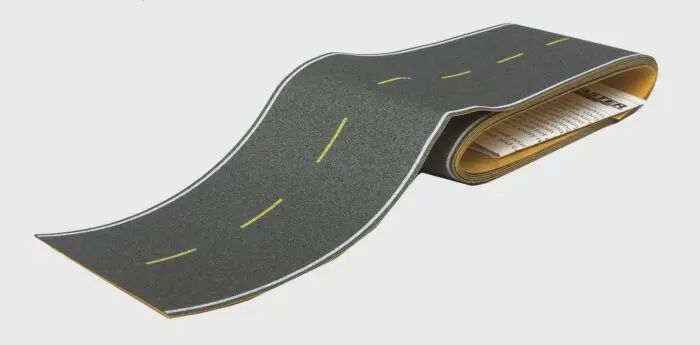 Walthers 949-1251 -- Flexible Self-Adhesive Paved Roadway -- Modern Highways (yellow dashed centerline, white edge markings)