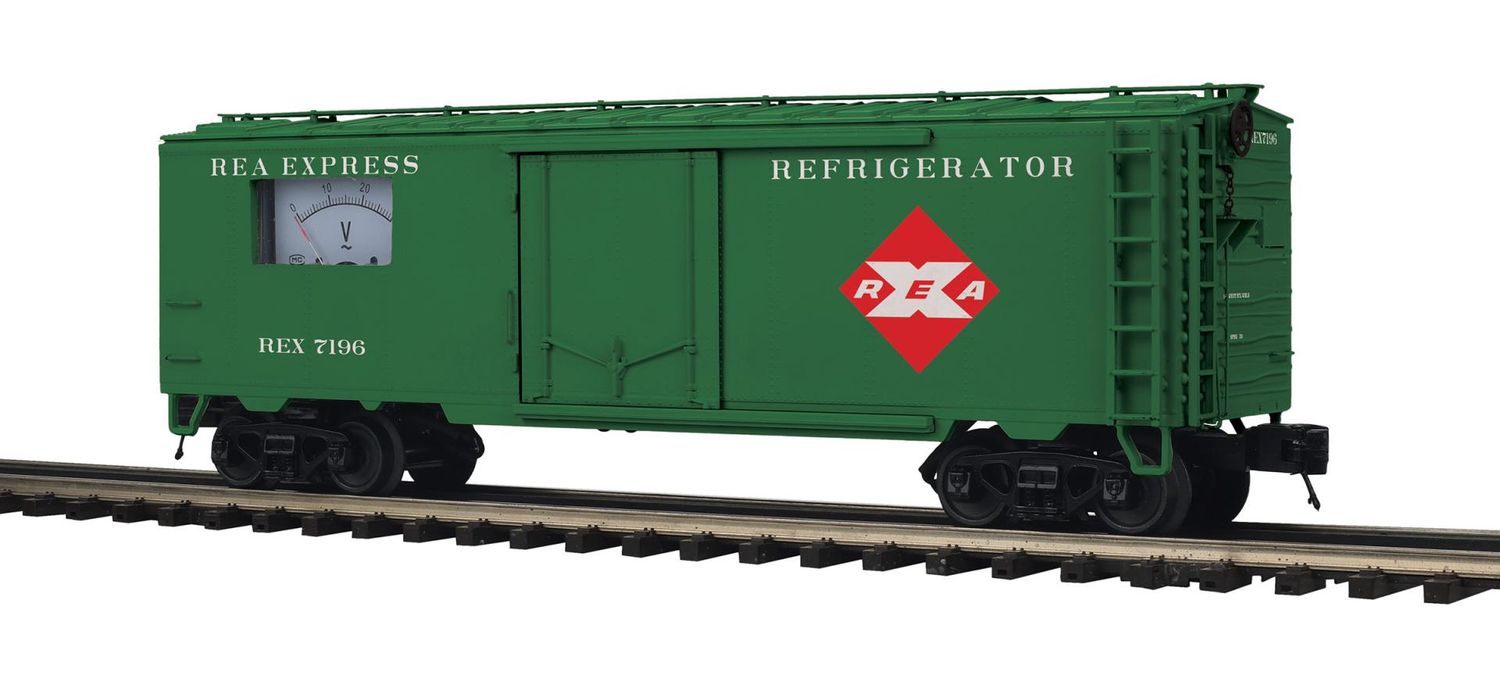 MTH 20-94744 Railway Express Agency O Scale Premier 40’ Steel Sided Power Meter Car, Road Number: 7196