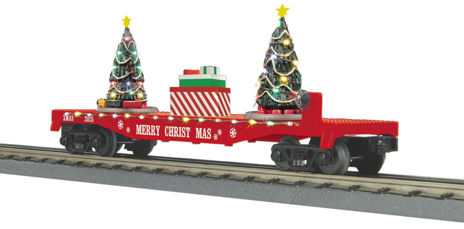 MTH RailKing 30-76942 - Christmas Flat Car w/Lighted Christmas Trees (Red)