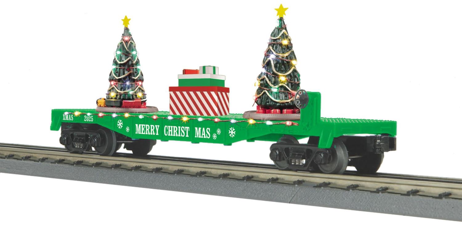 MTH RailKing 30-76943 - Christmas Flat Car w/Lighted Christmas Trees (Green)