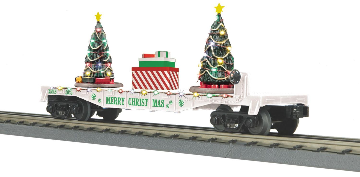 MTH RailKing 30-76944 - Christmas Flat Car w/Lighted Christmas Trees (White)
