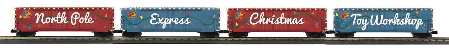 MTH Railking 30-70152-O Gauge RailKing North Pole 4-Car 50’ Double Door Plugged Boxcar Set With LED Lights Set