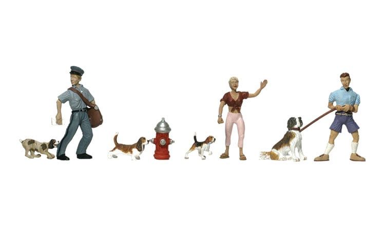 Woodland Scenics 1827 - Scenic Accents(R) Figures -- People &amp; Pets (3 People, 3 Dogs)