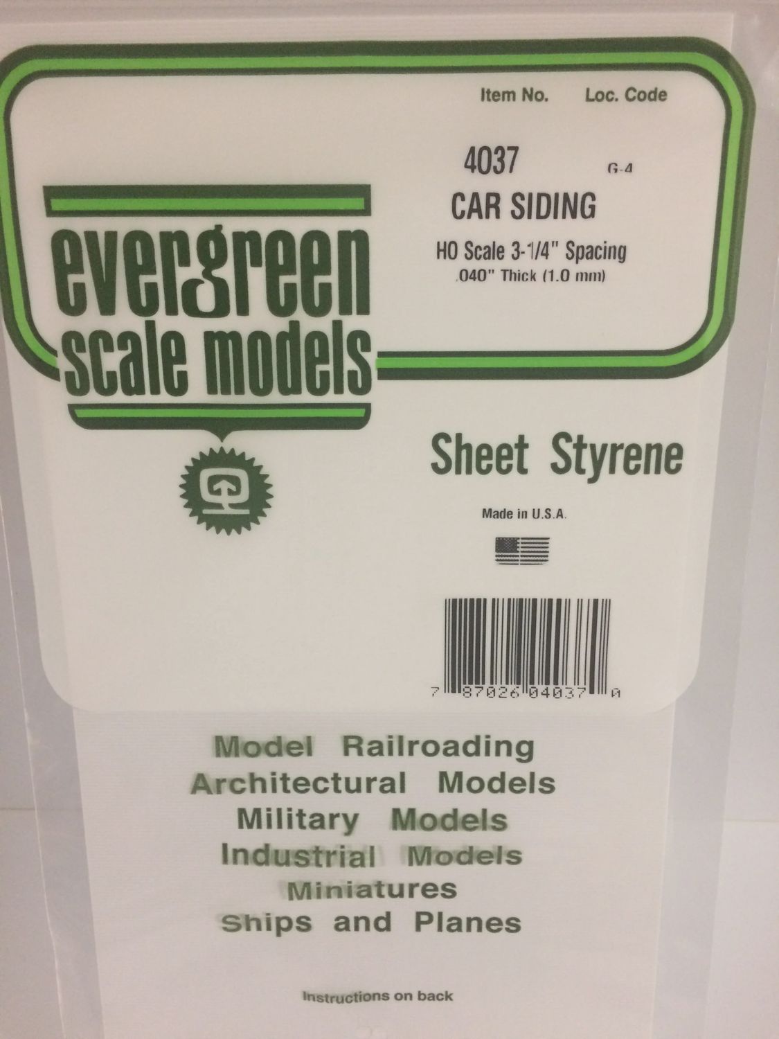 Evergreen #4037 Passenger Car Siding Ho Scale .40 Thick (1.0)