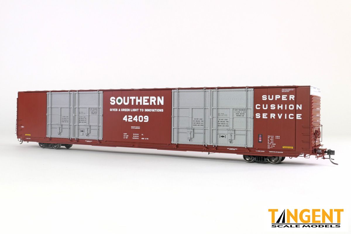 Tangent 25527 - Southern (SOU) “Delivery 2-1970 Brown” Greenville 86′ Quad Plug Door Box Car, Road Number: 42409