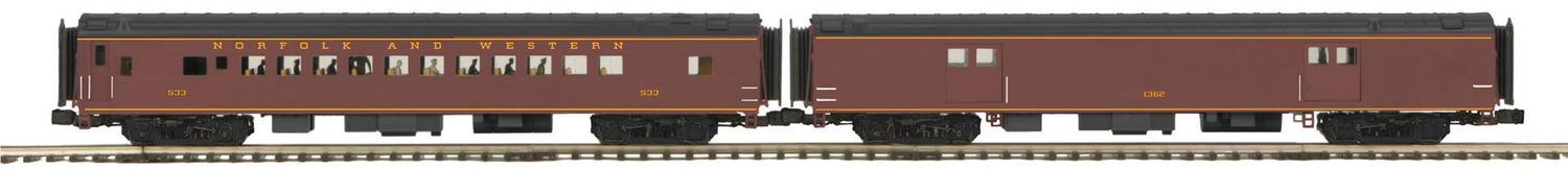 MTH 20-64266 Norfolk and Western O Scale Premier 2-Car 70’ Streamlined Baggage/Coach Passenger Set (Smooth Sided)