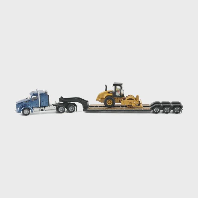 DIECAST MASTERS  84424 1:87 Blue Kenworth T880 Tractor with Lowboy Trailer and Cat Padfoot Roller