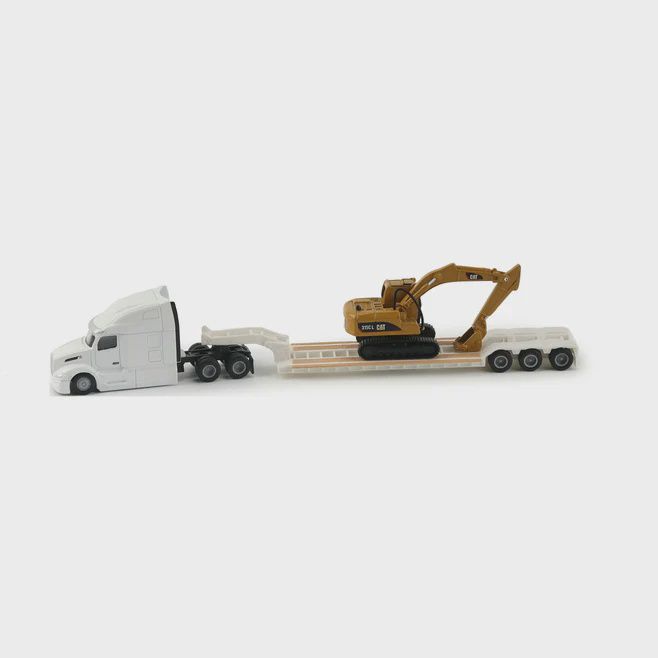 DIECAST MASTERS 84423 1:87 White Peterbilt 579 Tractor With Lowboy Trailer and Cat 315C Excavator