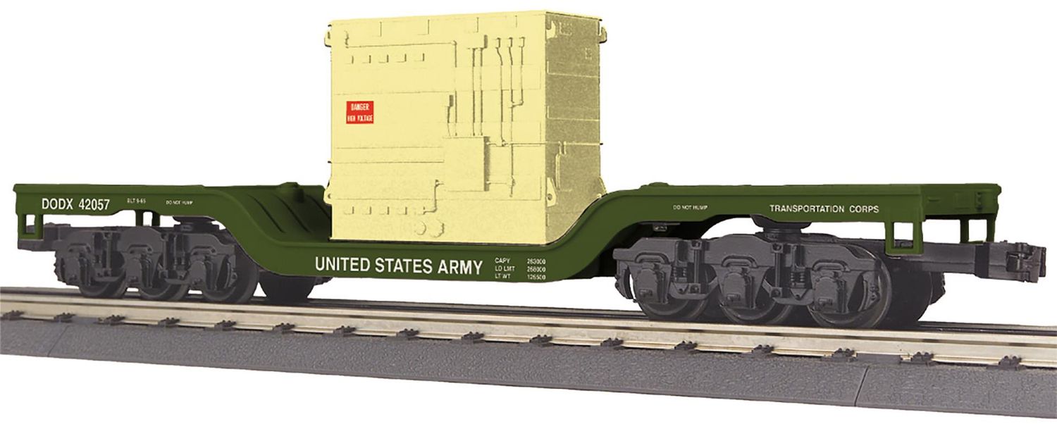 RailKing 30-76932 - Dep. Center Flat Car w/Transformer Load - U.S. Army #42057