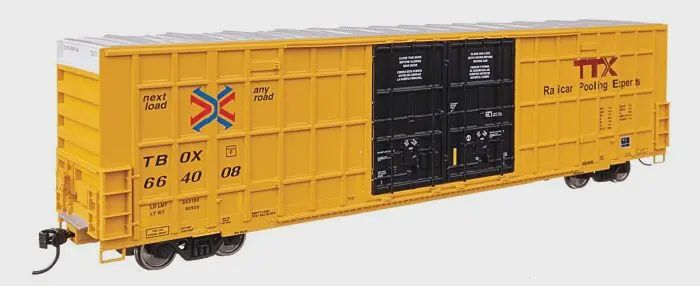 WALTHERS 60' High Cube Plate F Horizontal Post Boxcar - Ready to Run -- TTX TBOX  (yellow, black, Standard Lettering), Road Number: 664008
