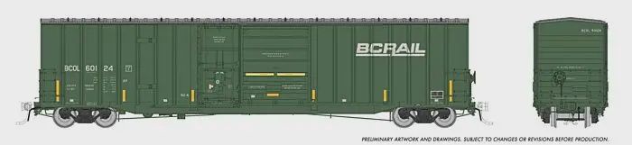 RAPIDO Trenton Works 6637 Cubic Foot Combination-Door Boxcar - Ready to Run -- BC Rail Random  (Weathered, green, yellow conspicuity marks), Road Number: 60124