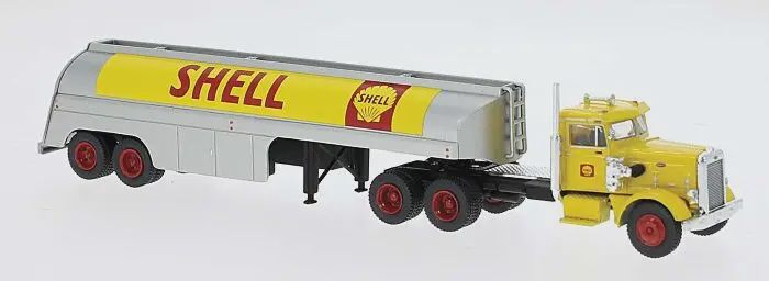 Brekina 85762 - 1955 Peterbilt 281 Semi Tractor with Tank Trailer - Assembled -- Shell (yellow, silver, red)