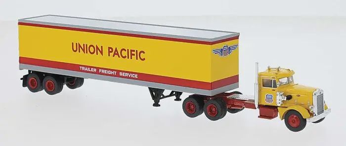Brekina 85765 - 1955 Peterbilt 281 Semi Tractor with Van Trailer - Assembled -- Union Pacific (Armour Yellow, red, gray)