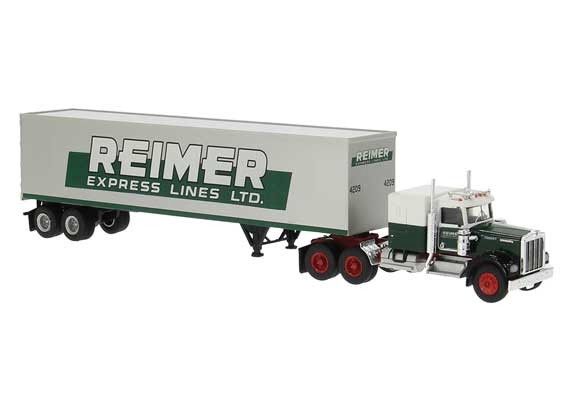 Brekina 86258 - Kenworth W900 Semi Tractor w/Sleeper Cab and Van Trailer - Reimer (white, green)