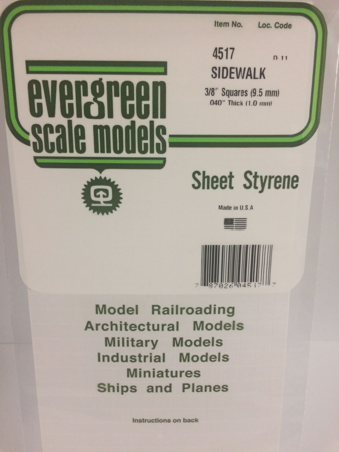 Evergreen models 4517 - 3/8" x 3/8" OPAQUE WHITE POLYSTYRENE SIDEWALK