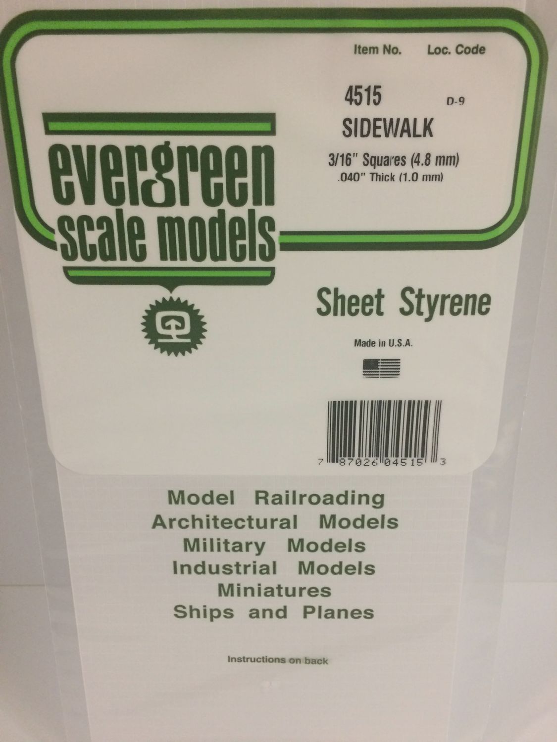 EVERGREEN 4515 4515 - 3/16" x 3/16" OPAQUE WHITE POLYSTYRENE SIDEWALK