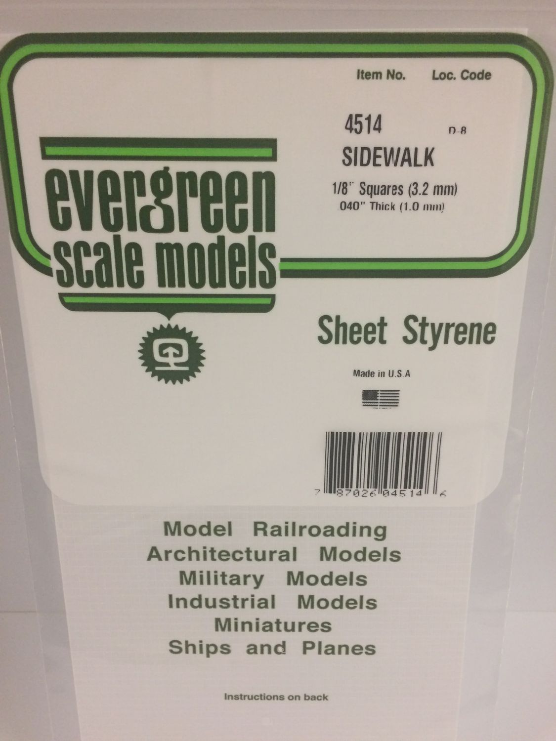 EVERGREEN MODELS4514 - 1/8" x 1/8" OPAQUE WHITE POLYSTYRENE SIDEWALK