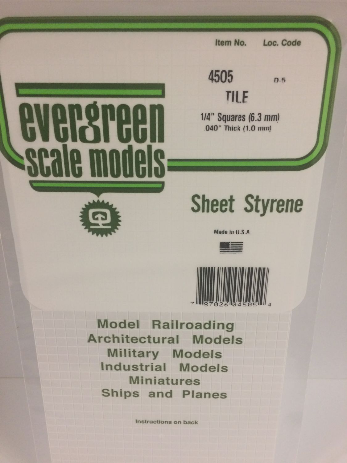 EVERGREEN 4505 - 1/4" x 1/4" OPAQUE WHITE POLYSTYRENE SQUARE TILE