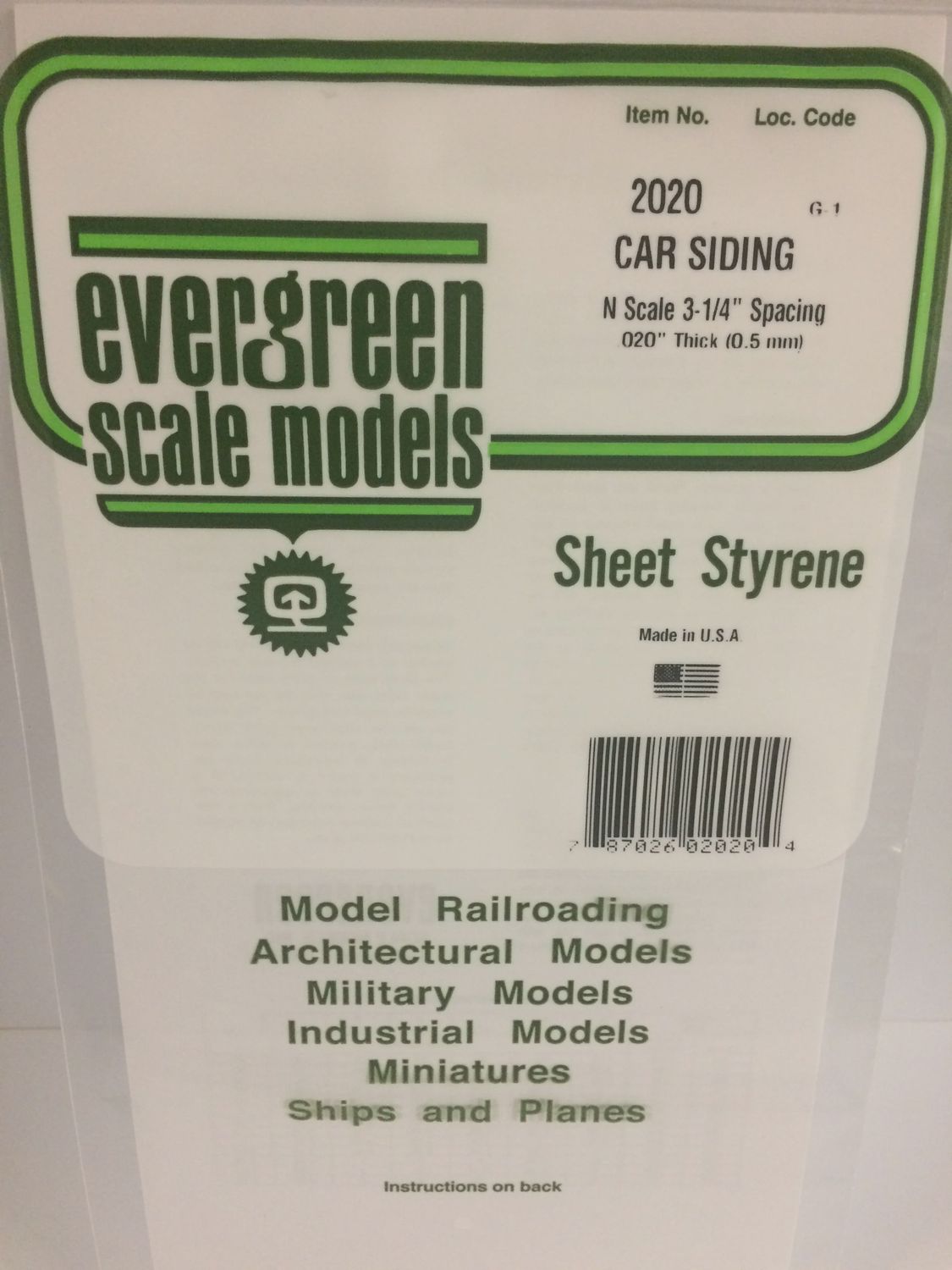 EVERGREEN 2020 - .020" OPAQUE WHITE POLYSTYRENE N SCALE FREIGHT CAR SIDING