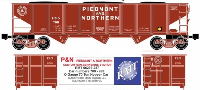 Ready Made Trains - 70 Ton 3-Bay Coal Hopper - Ribbed Sided w/Load - Piedmont &amp; Northern