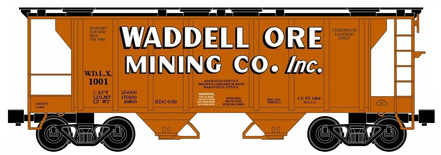Ready Made Trains (RMT) 86386 O Scale - 2 Bay Covered Hopper - Waddell Mining WDLX