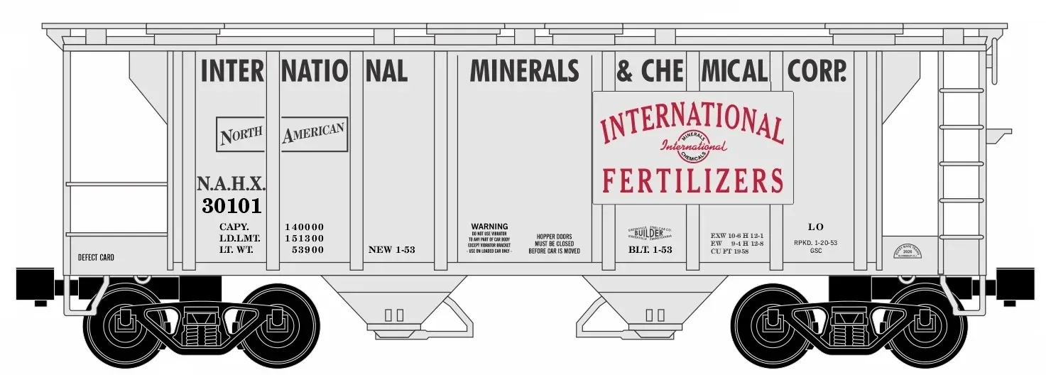 Ready Made Trains (RMT) 86399-102 O Scale - 2 Bay Covered Hopper - International Minerals NAHX