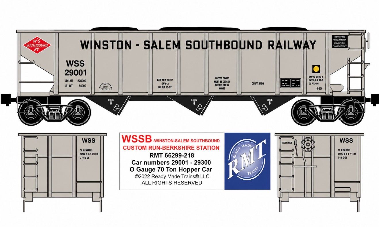 Ready Made Trains - 70 Ton 3-Bay Coal Hopper - Ribbed Sided w/Load - Winston Salem Southbound Railway