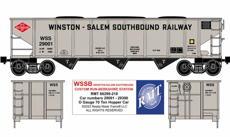 Ready Made Trains - 70 Ton 3-Bay Coal Hopper - Ribbed Sided w/Load - Winston Salem Southbound Railway