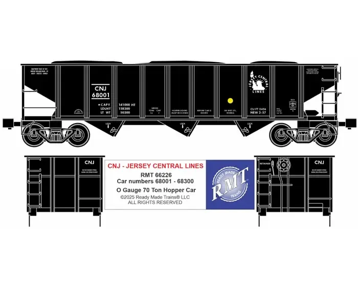 READY MADE TRAINS(RMT) 66226 O 70 ton 3-bay coal hopper with load Jersey Central