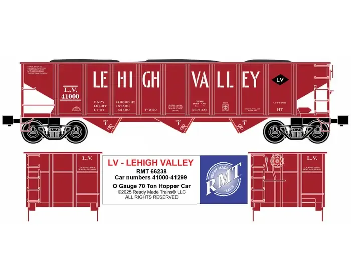 READY MADE TRAINS(RMT) 66238 O 70 ton 3-bay coal hopper with load Lehigh Valley