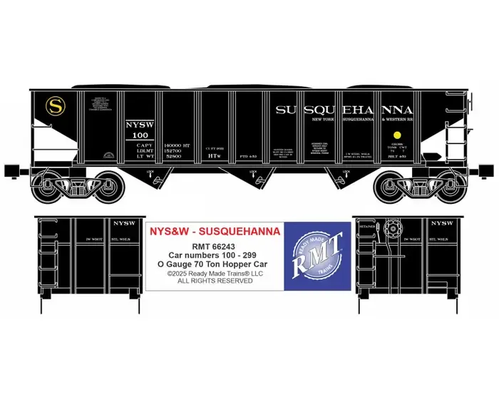 READY MADE TRAINS(RMT)66243 O 70 ton 3-bay coal hopper w/load Susquehanna- Susie Q