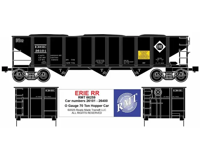 READY MADE TRAINS(RMT) 66259  O 70 ton 3-bay coal hopper w/load ERIE