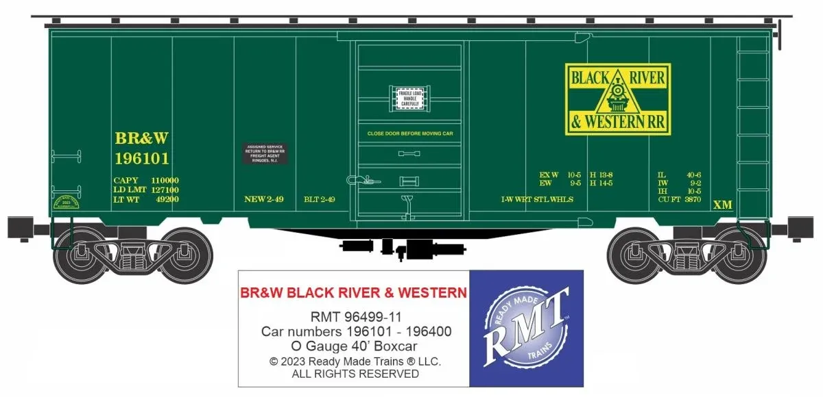 READY MADE TRAINS (RMT) 964991-1 O Scale Black River &amp; Western 40' Boxcar