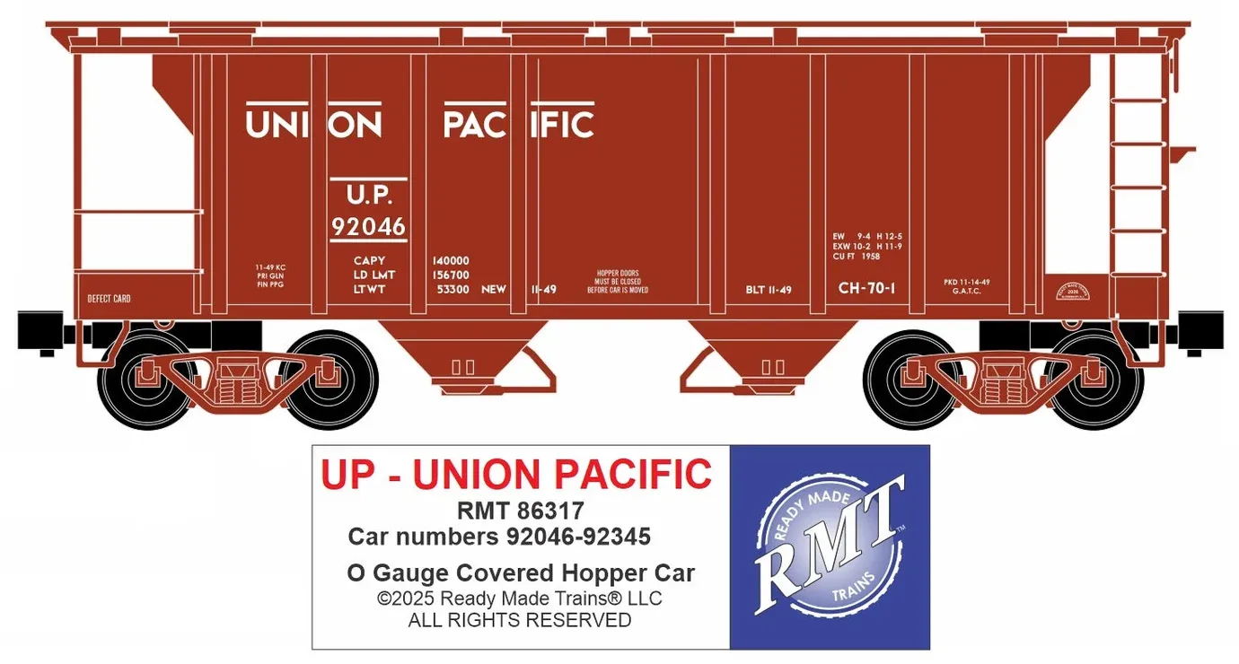 Ready Made Trains (RMT) 86317 O Scale Union Pacific 2 Bay Covered Hopper Car