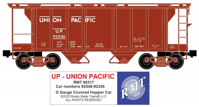 Ready Made Trains (RMT) 86317 O Scale Union Pacific 2 Bay Covered Hopper Car