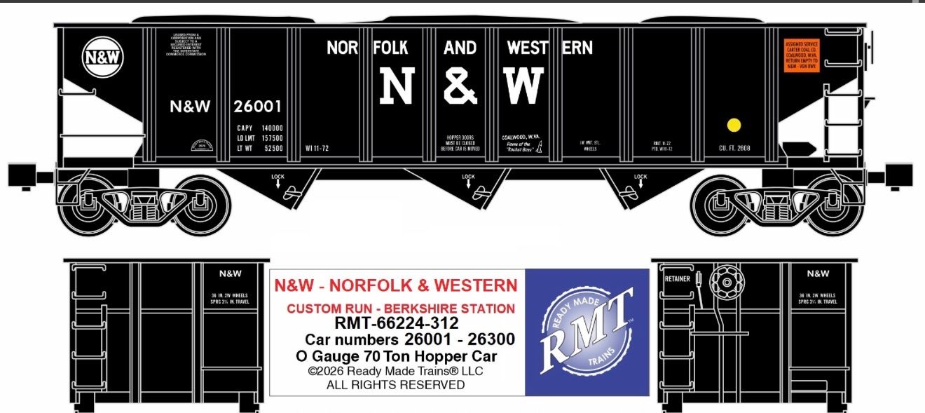 Ready Made Trains - 70 Ton 3-Bay Coal Hopper - Ribbed Sided w/Load - Norfolk &amp; Western