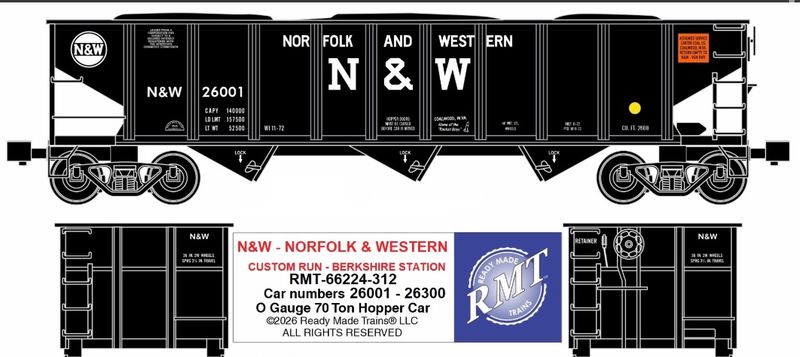 Ready Made Trains - 70 Ton 3-Bay Coal Hopper - Ribbed Sided w/Load - Norfolk &amp; Western