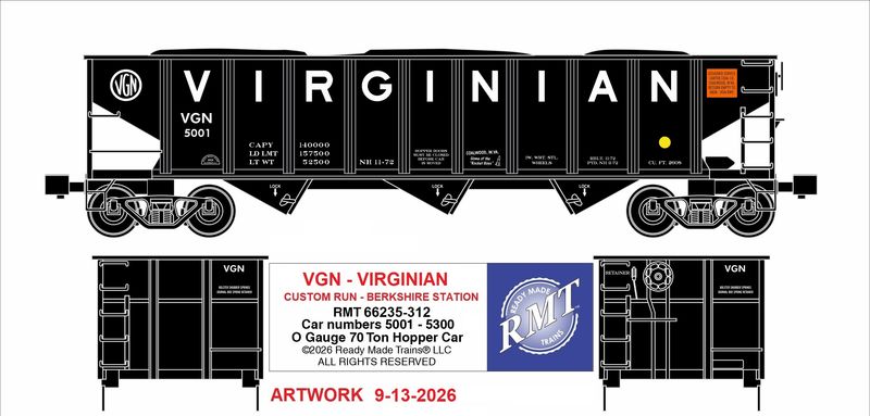 RMT-Ready Made Trains - 70 Ton 3-Bay Coal Hopper - Ribbed Sided w/Load - Virginian
