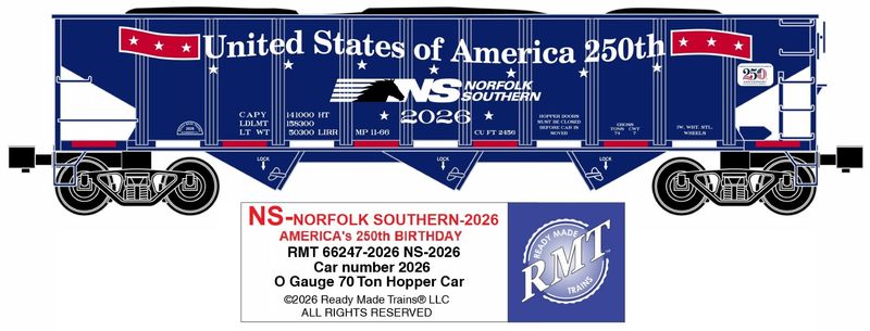 RMT-Ready Made Trains - 70 Ton 3-Bay Coal Hopper w/load Norfolk Southern 2026