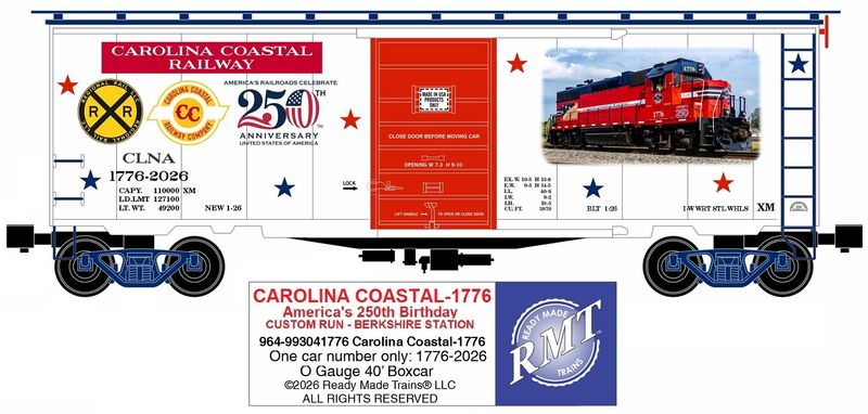 RMT- Ready Made Trains O Gauge 40' boxcar-Carolina Coastal 1776