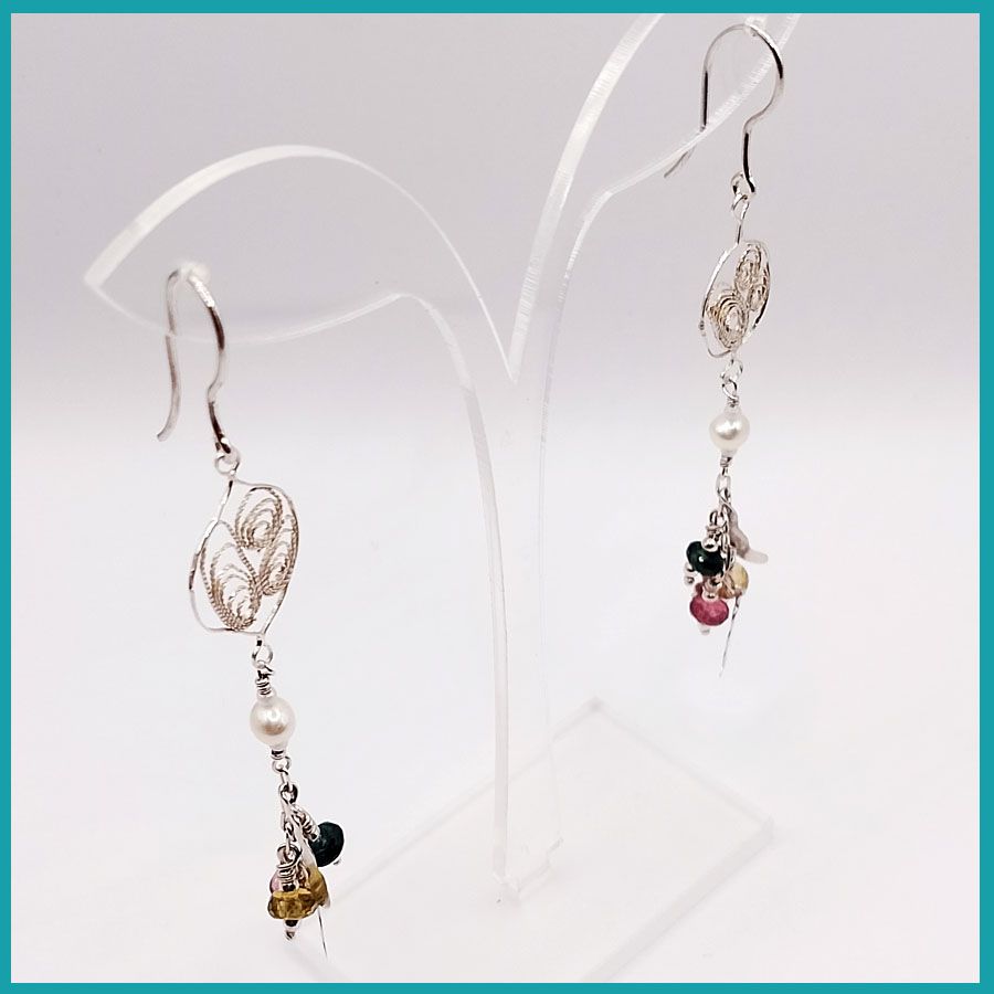Aretes Filigrana y Turmalina azul, amarillo, rosa, plata