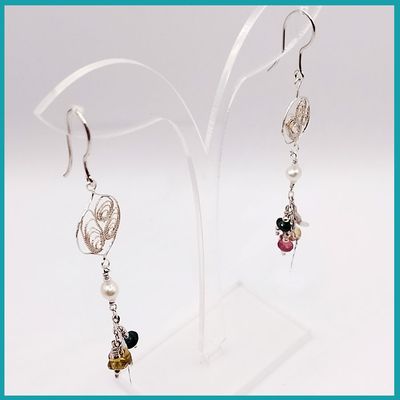 Aretes Filigrana y Turmalina azul, amarillo, rosa, plata