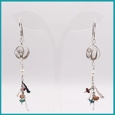 Aretes Filigrana y Turmalina rosa, café, verde, plata