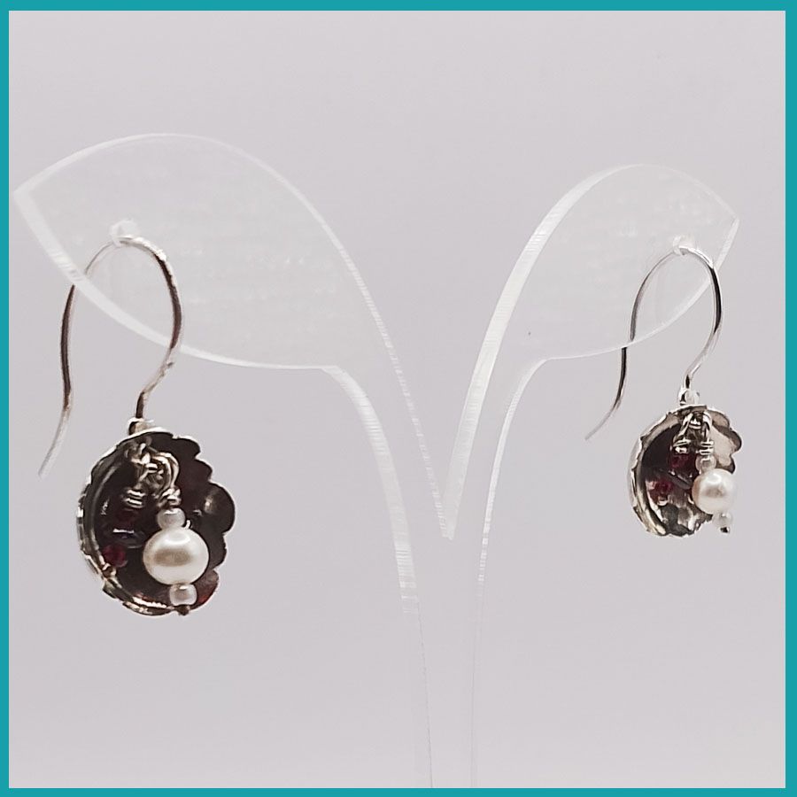 Aretes #FlordeGranateyPerlas plata, 13mm