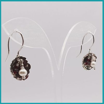 Aretes #FlordeGranateyPerlas plata, 13mm