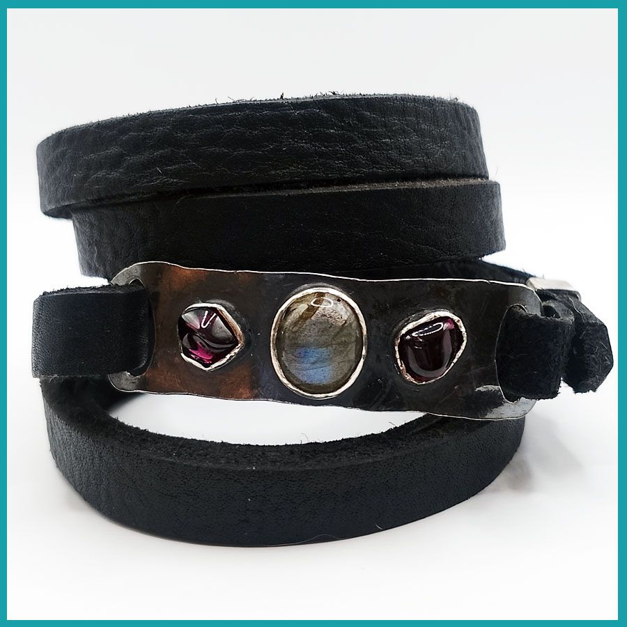 Pulsera Labradorita, Granates plata y piel